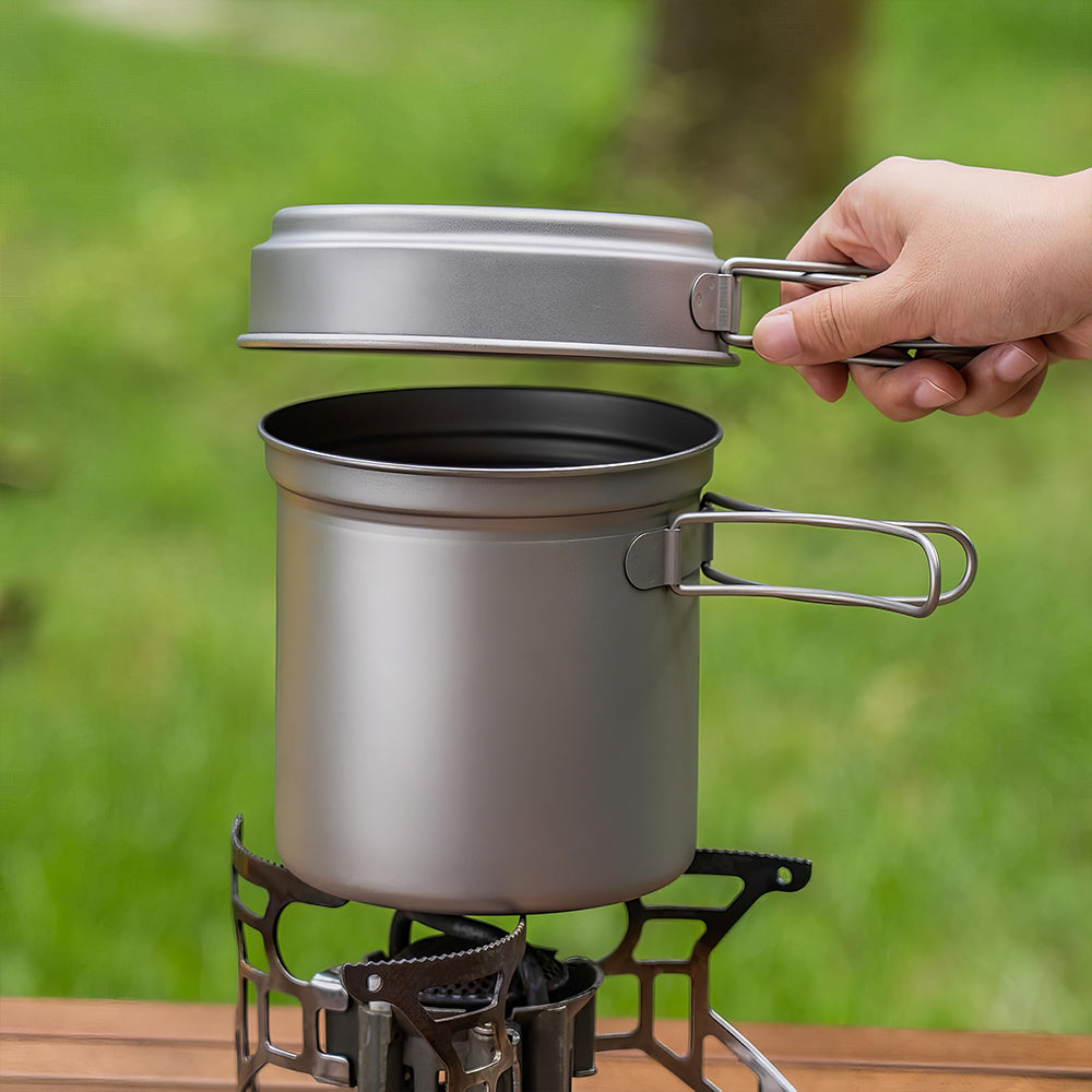 Titanium Pot Pan Set with Folding Handle Outdoor Camping Soup Pot Bowl Frying Pan Mess Kit Picnic Cookware