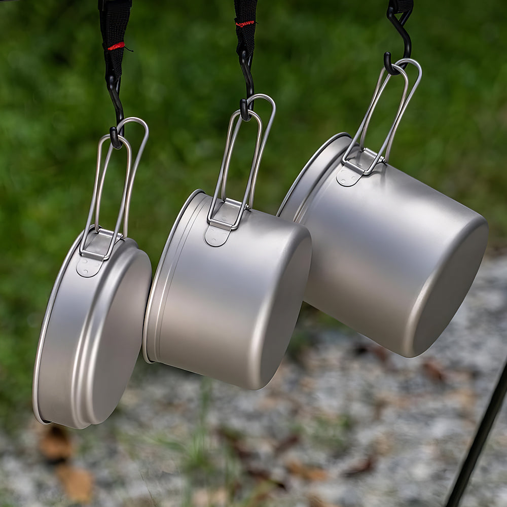 Titanium Pot Pan Set with Folding Handle Outdoor Camping Soup Pot Bowl Frying Pan Mess Kit Picnic Cookware