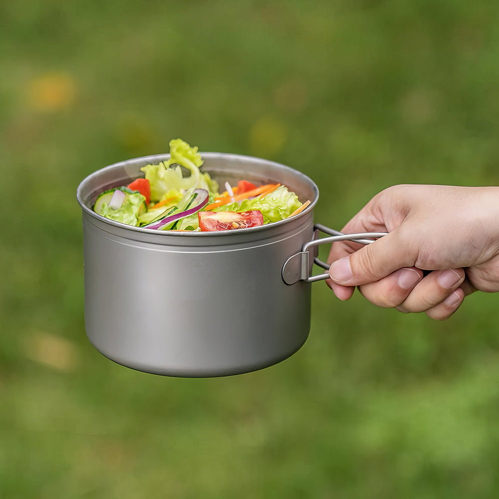 Titanium Pot Pan Set with Folding Handle Outdoor Camping Soup Pot Bowl Frying Pan Mess Kit Picnic Cookware
