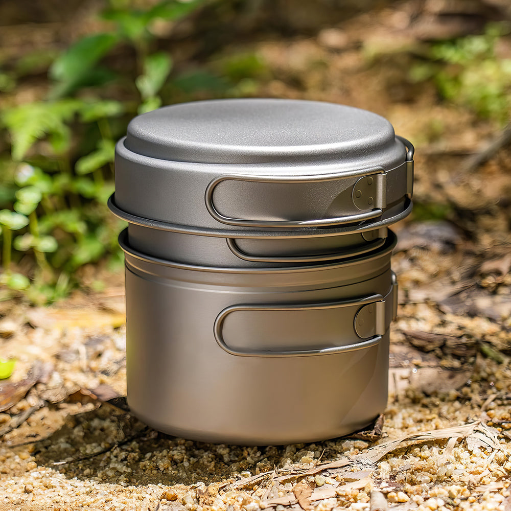 Titanium Pot Pan Set with Folding Handle Outdoor Camping Soup Pot Bowl Frying Pan Mess Kit Picnic Cookware